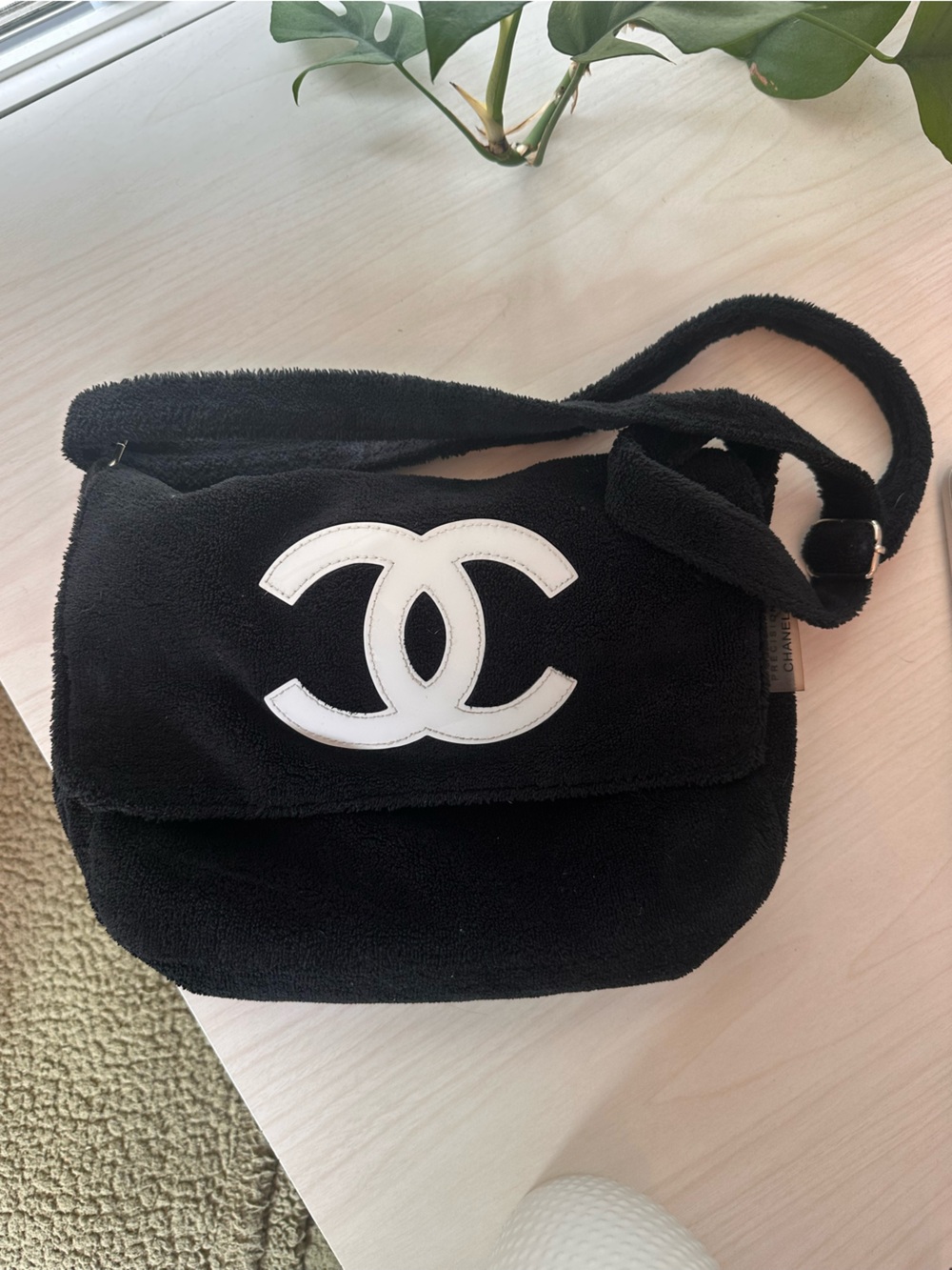 CHANEL Black Terry Cloth Crossbody Bag with White CC Logo
